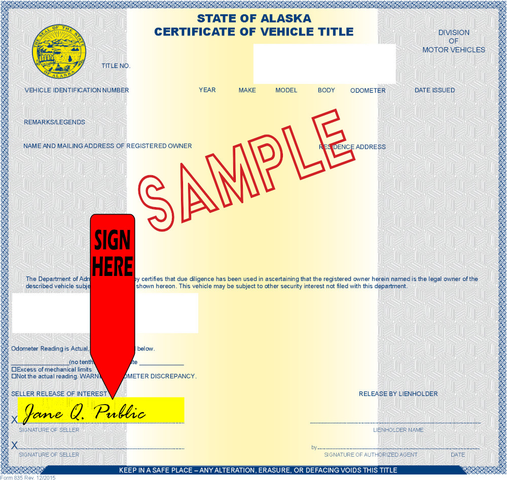 Title transfer instructions for Alaska — highlighted area shows where to sign