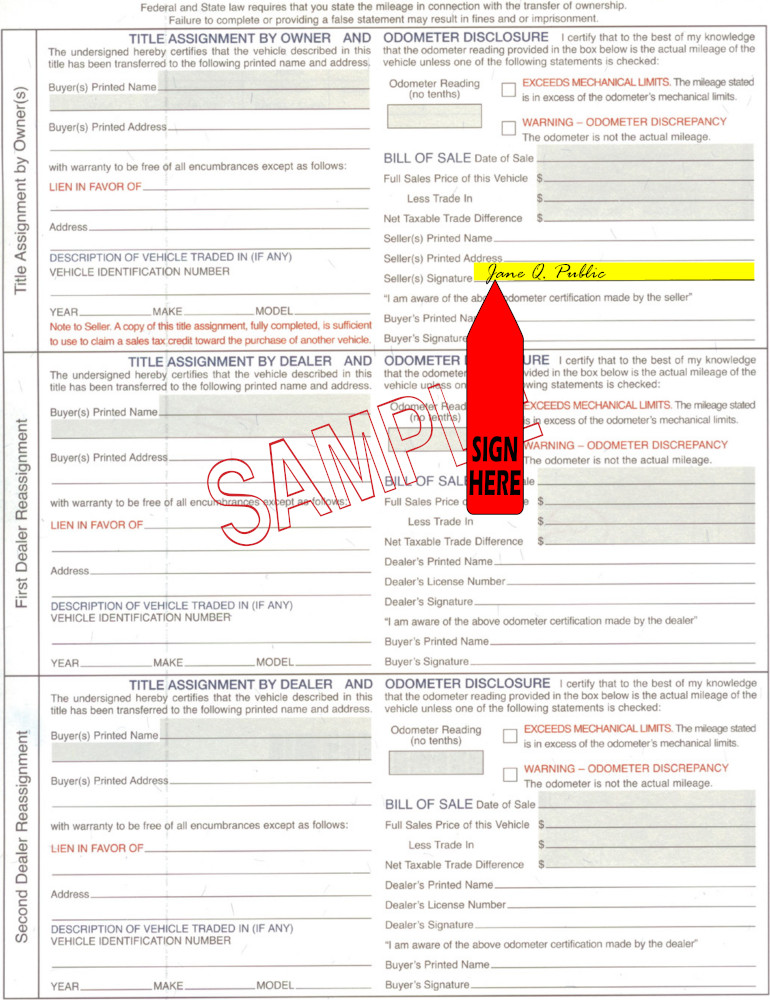 Title transfer instructions for Arkansas — highlighted area shows where to sign