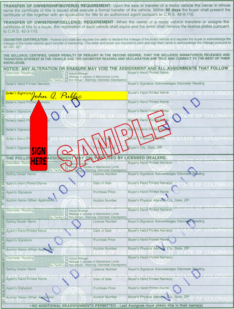 Title transfer instructions for Colorado — highlighted area shows where to sign