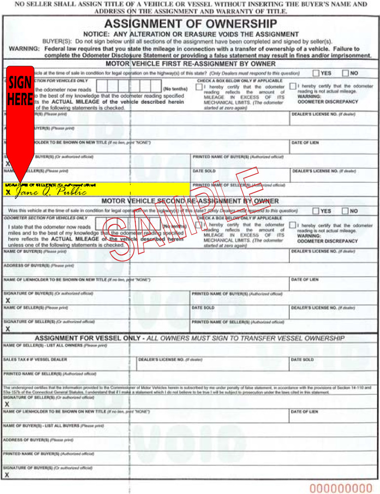 Title transfer instructions for Connecticut — highlighted area shows where to sign