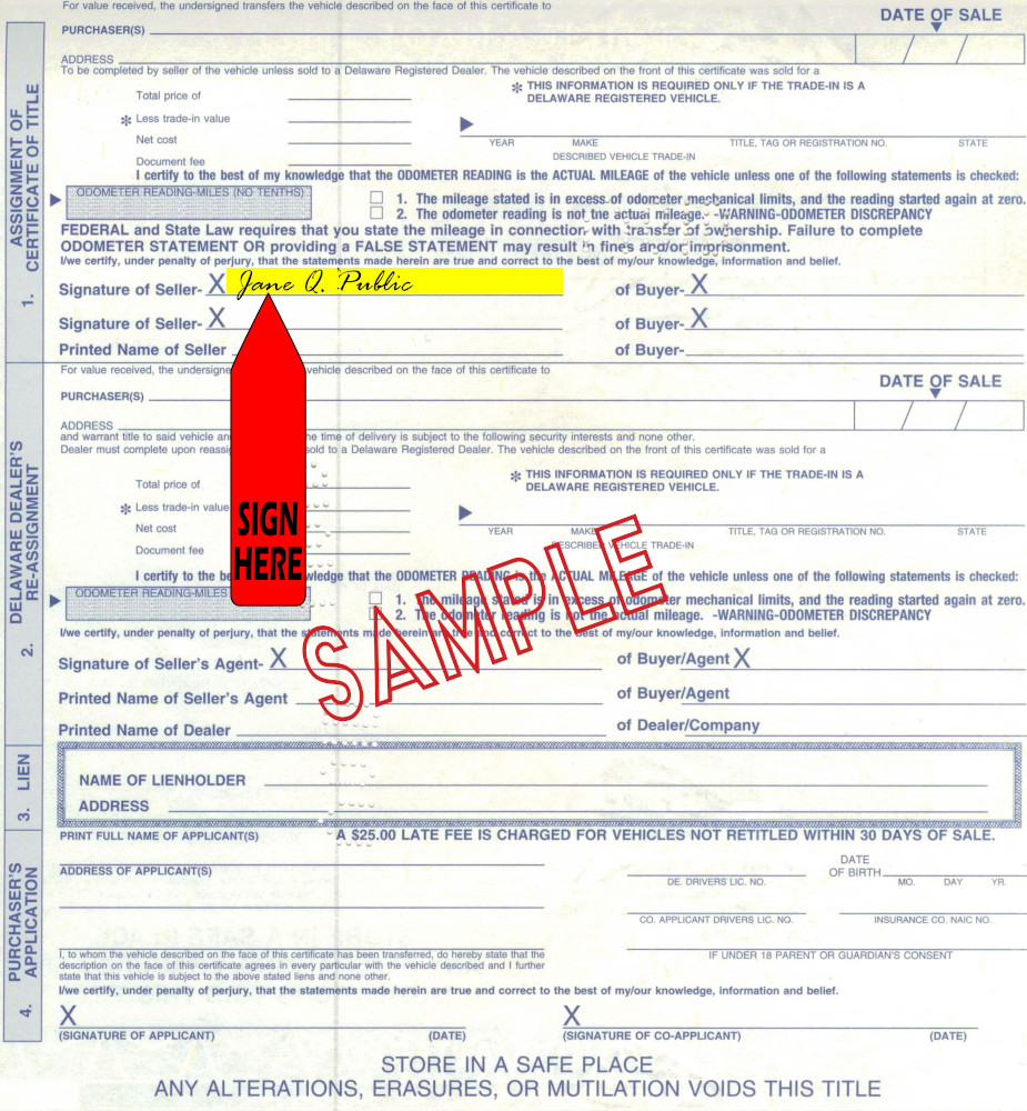 Title transfer instructions for Delaware — highlighted area shows where to sign