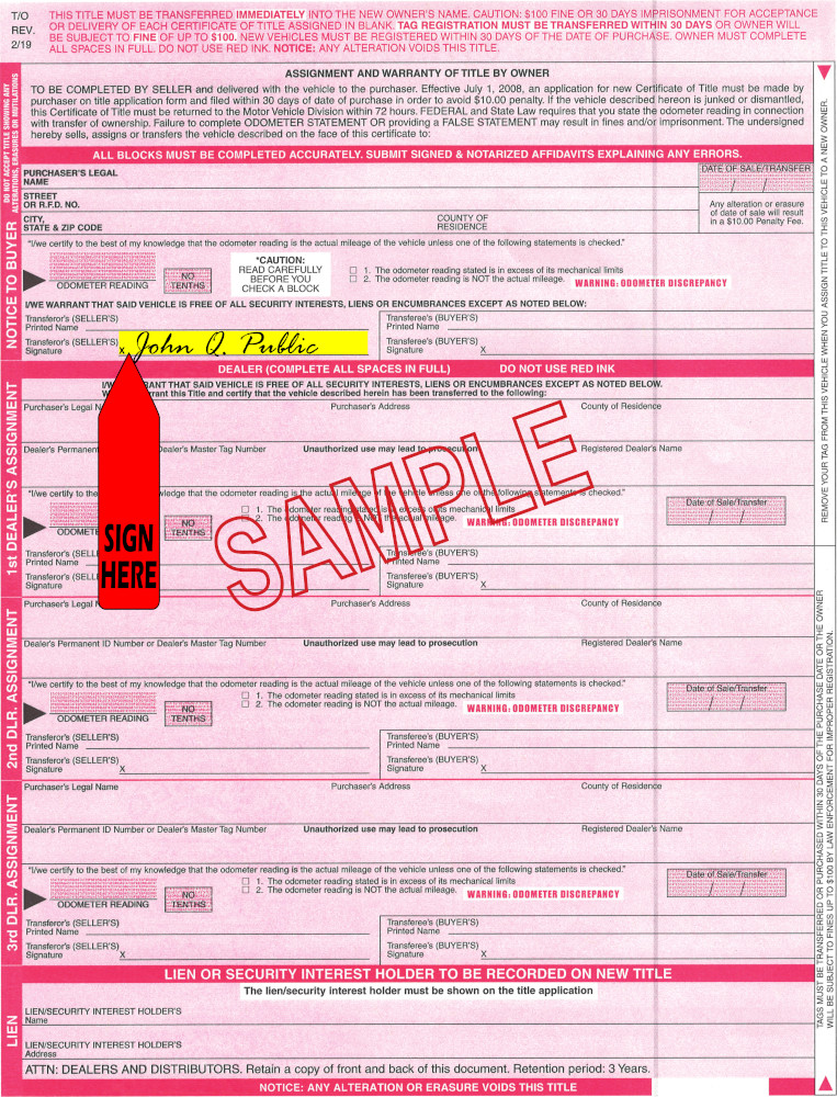 Title transfer instructions for Georgia — highlighted area shows where to sign