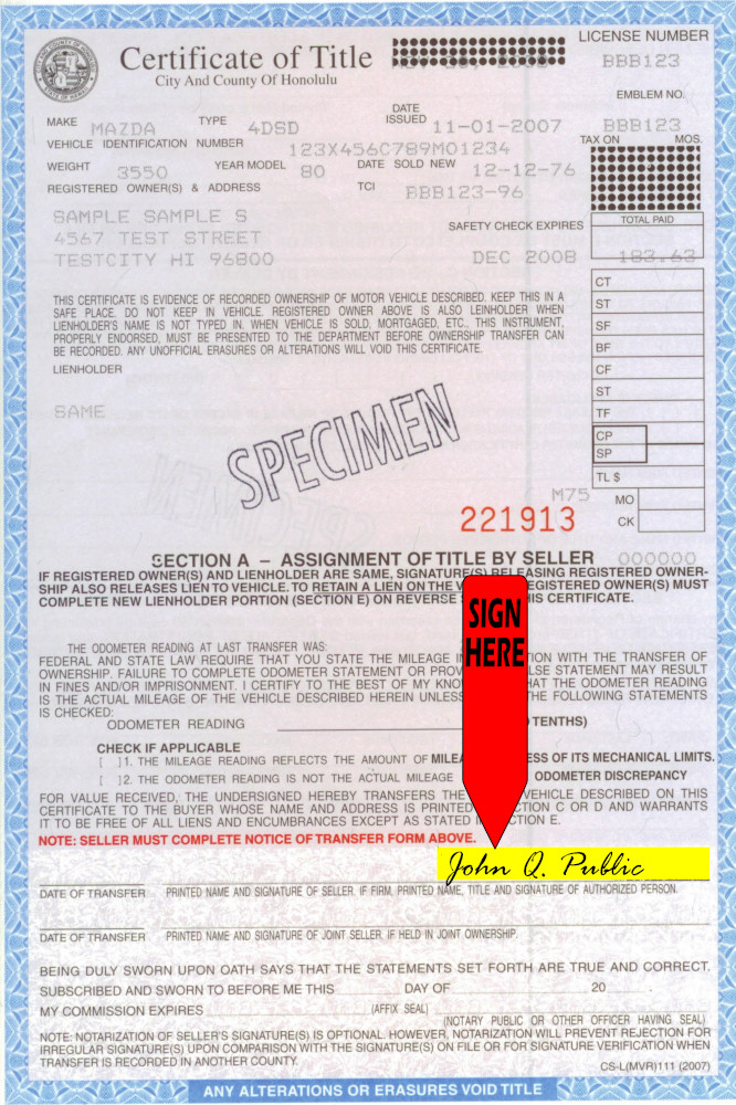 Title transfer instructions for Hawaii — highlighted area shows where to sign