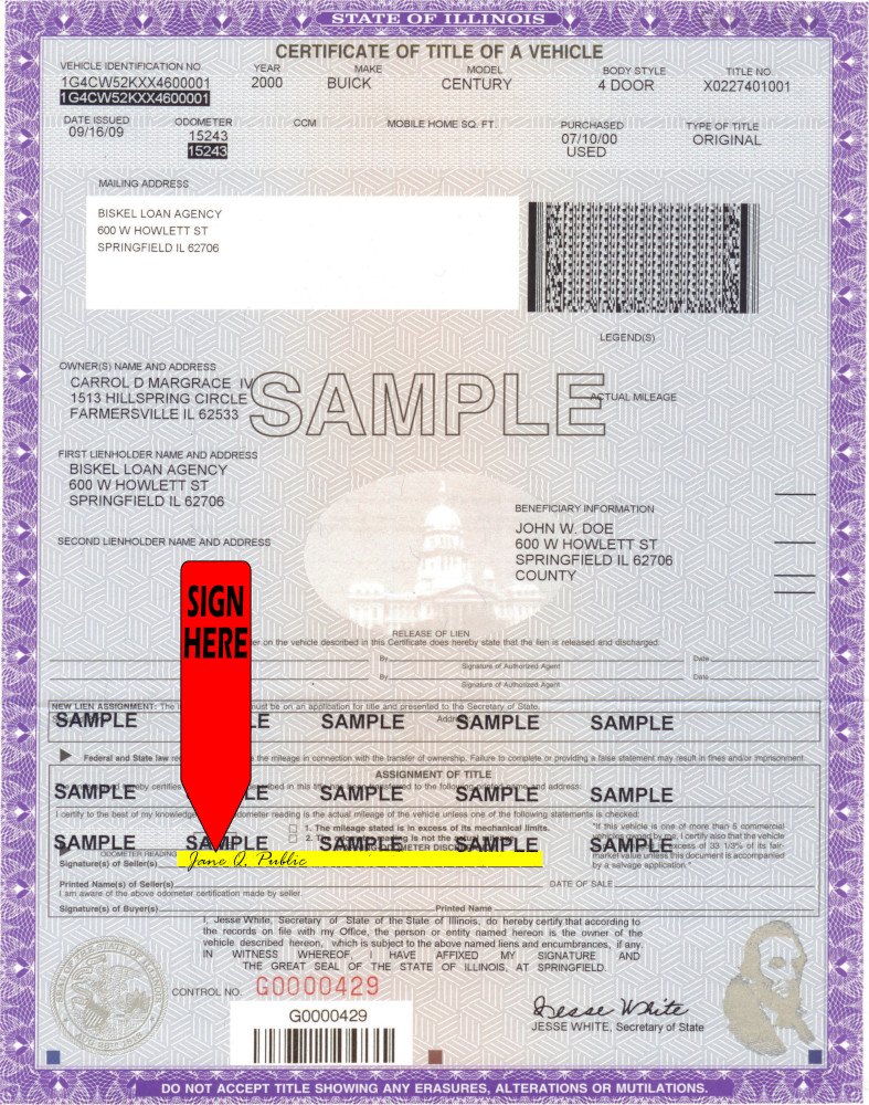 Title transfer instructions for Illinois — highlighted area shows where to sign
