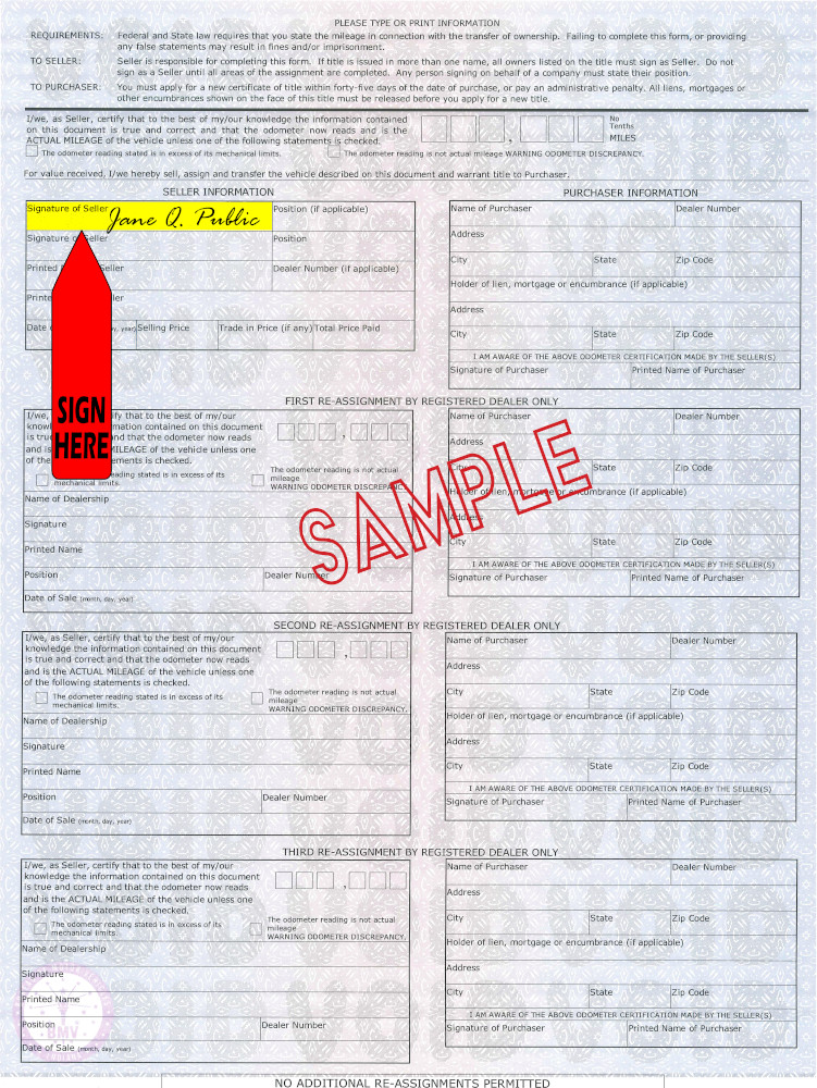Title transfer instructions for Indiana — highlighted area shows where to sign