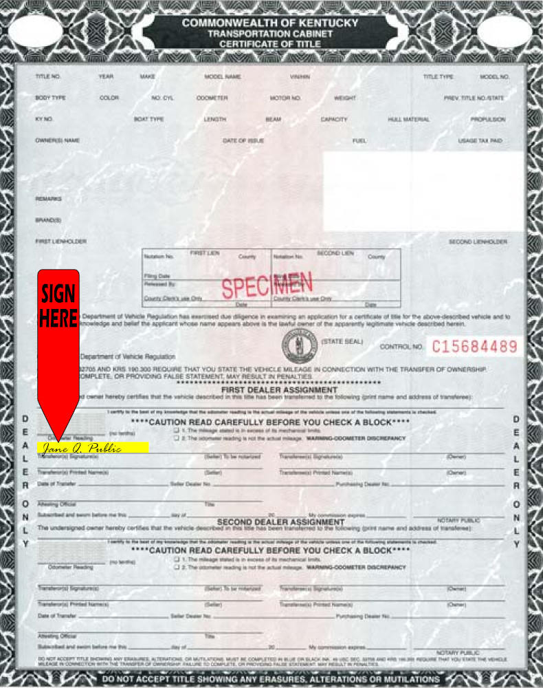 Title transfer instructions for Kentucky — highlighted area shows where to sign
