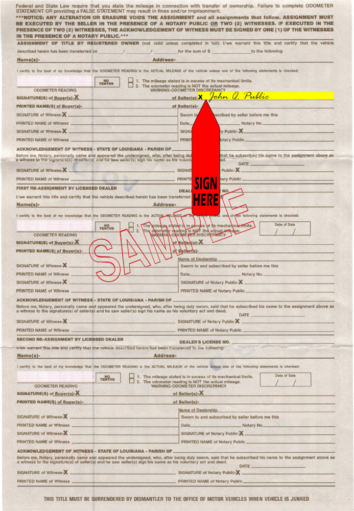 Title transfer instructions for Louisiana — highlighted area shows where to sign