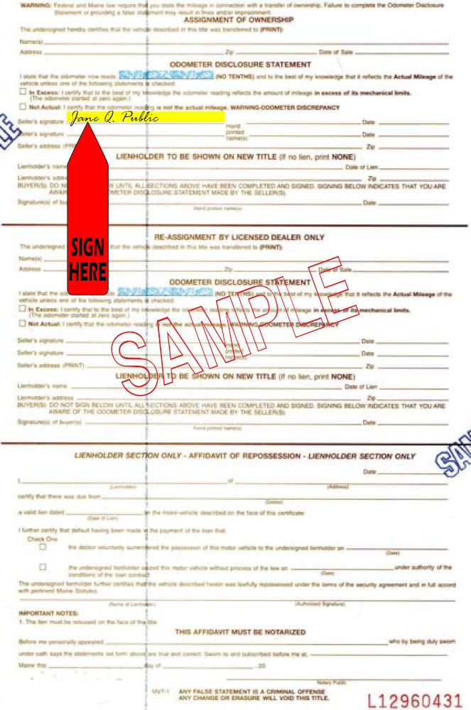 Title transfer instructions for Maine — highlighted area shows where to sign