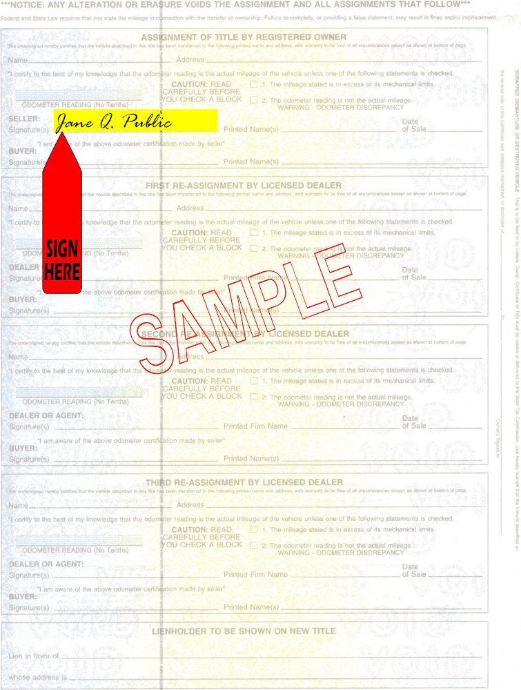 Title transfer instructions for Mississippi — highlighted area shows where to sign