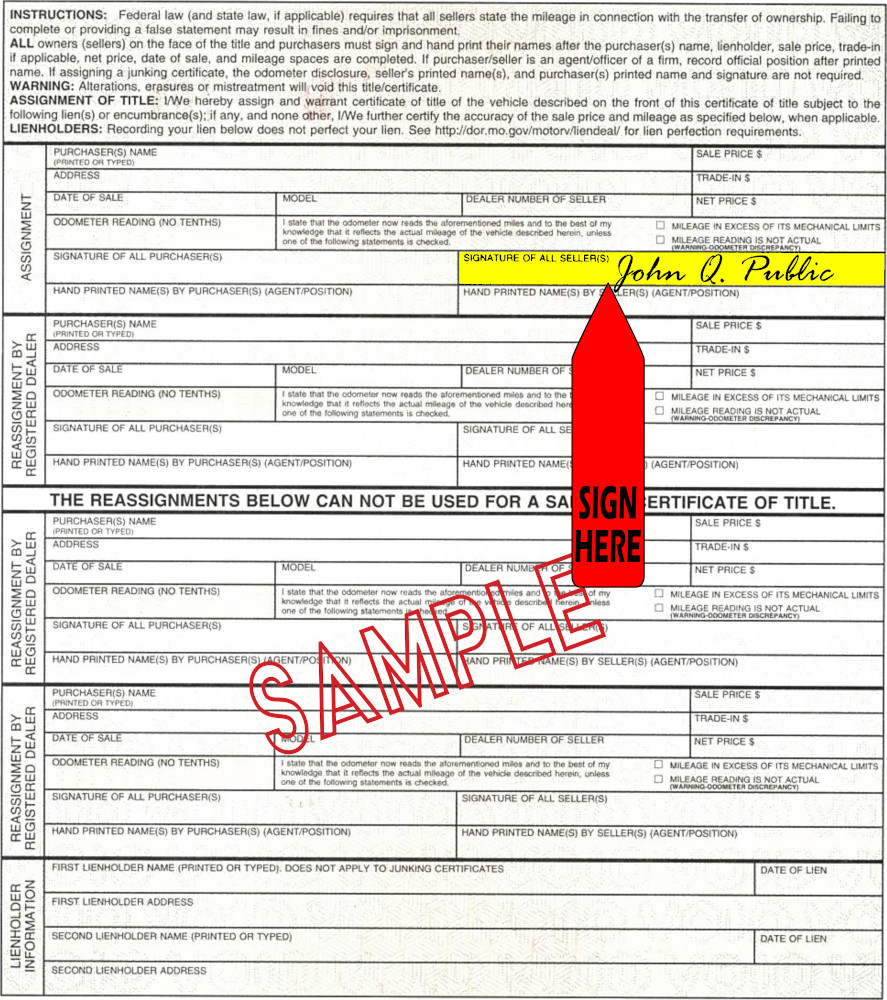 Title transfer instructions for Missouri — highlighted area shows where to sign
