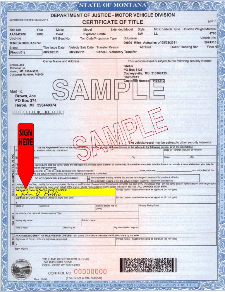 Title transfer instructions for Montana — highlighted area shows where to sign