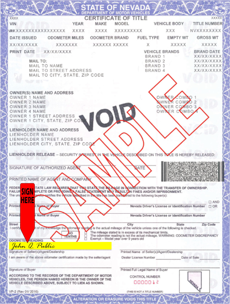 Title transfer instructions for Nevada — highlighted area shows where to sign