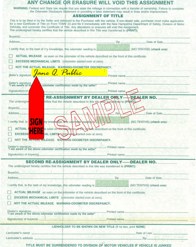 Title transfer instructions for New Hampshire — highlighted area shows where to sign