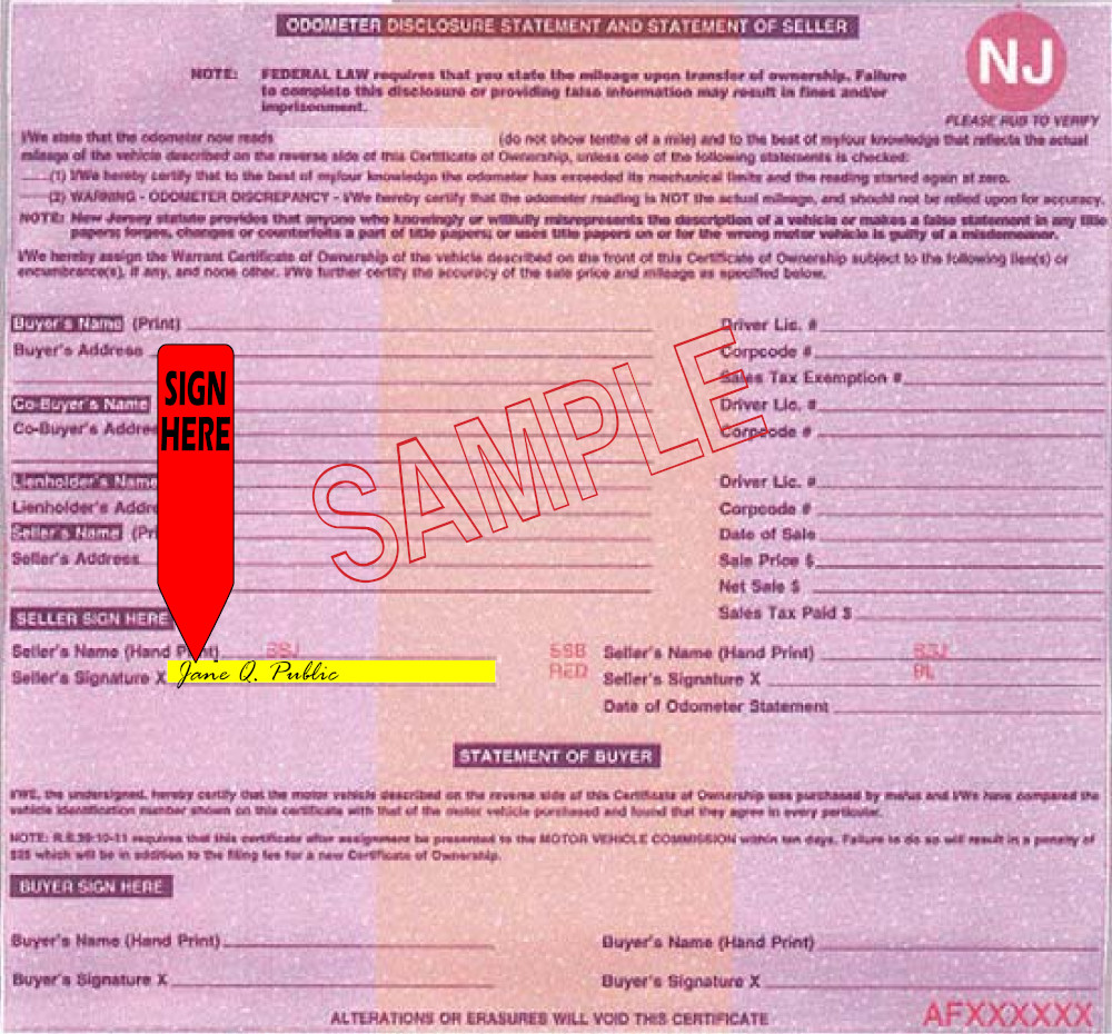 Title transfer instructions for New Jersey — highlighted area shows where to sign
