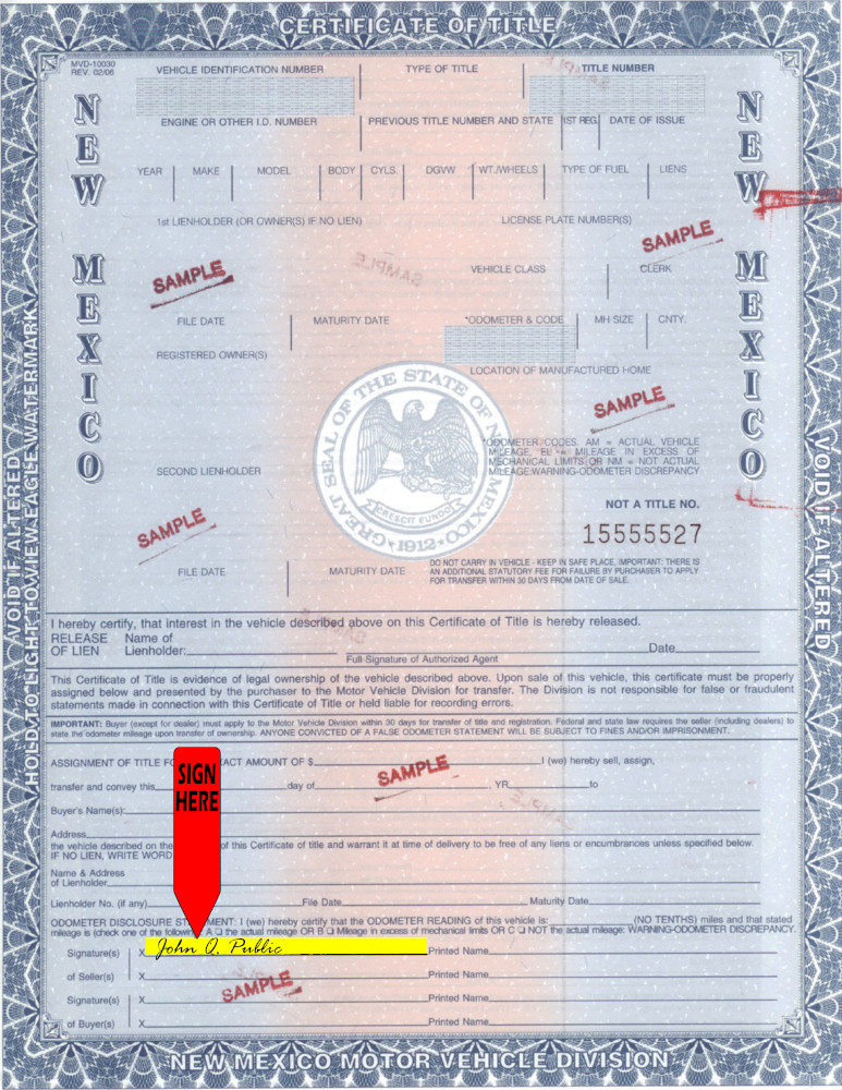 Title transfer instructions for New Mexico — highlighted area shows where to sign
