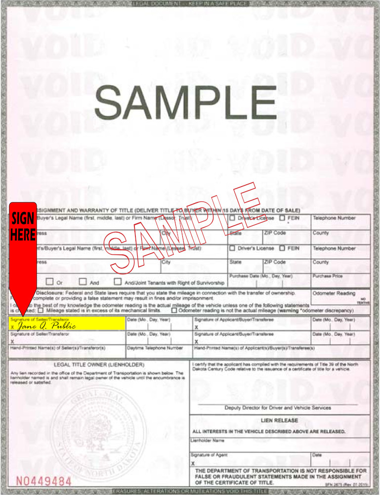 Title transfer instructions for North Dakota — highlighted area shows where to sign