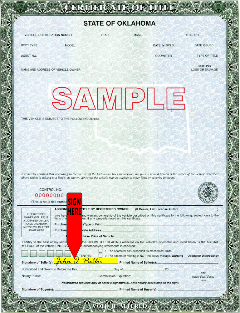 Title transfer instructions for Oklahoma — highlighted area shows where to sign