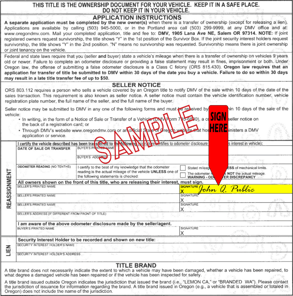 Title transfer instructions for Oregon — highlighted area shows where to sign